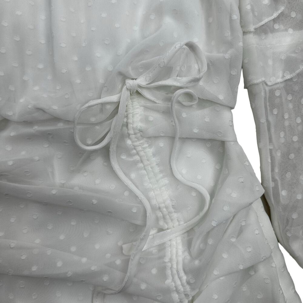NWT TWO SISTERS White Piper Mini Dress Sz 2 Ruched Shirred Textured Polka Dot XS - Picture 6 of 16